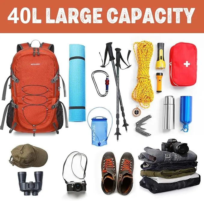 40L Lightweight Hiking Backpack Travel Packable Daypack for Women and Men, Orange
