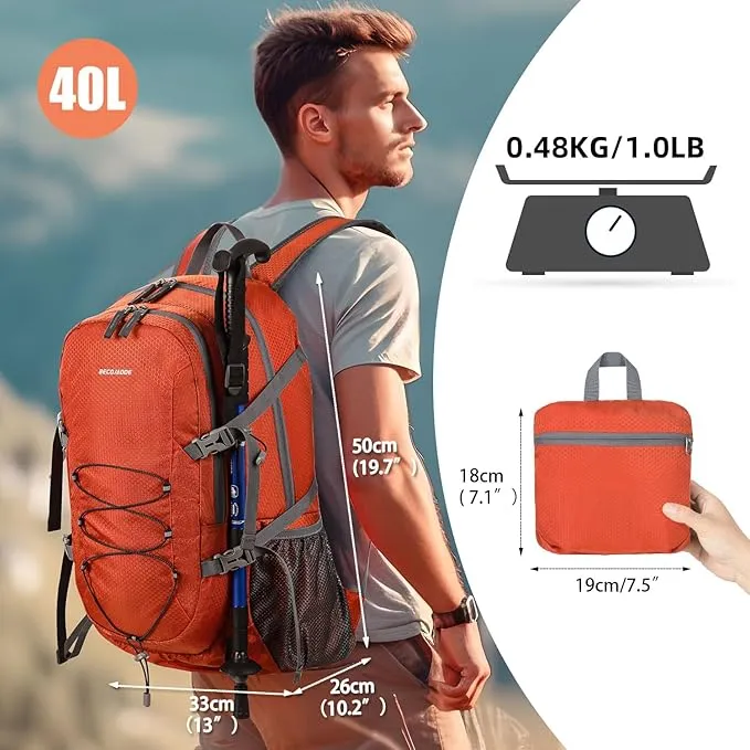 40L Lightweight Hiking Backpack Travel Packable Daypack for Women and Men, Orange