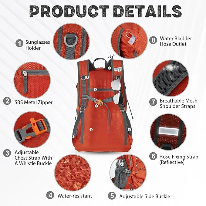 40L Lightweight Hiking Backpack Travel Packable Daypack for Women and Men, Orange
