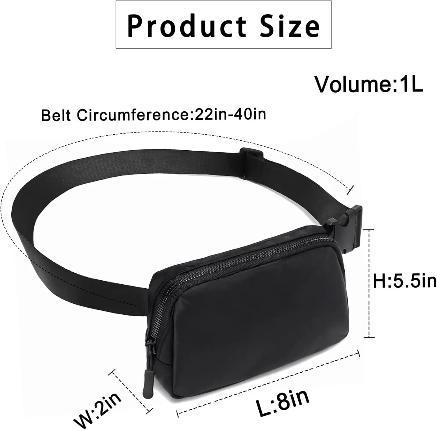 Amazerbst Belt Bag, Fanny Pack, Everywhere Belt Bag,40 Inch Adjustable Strap,Belt Bag for Women and Men,Waterproof, BLACK