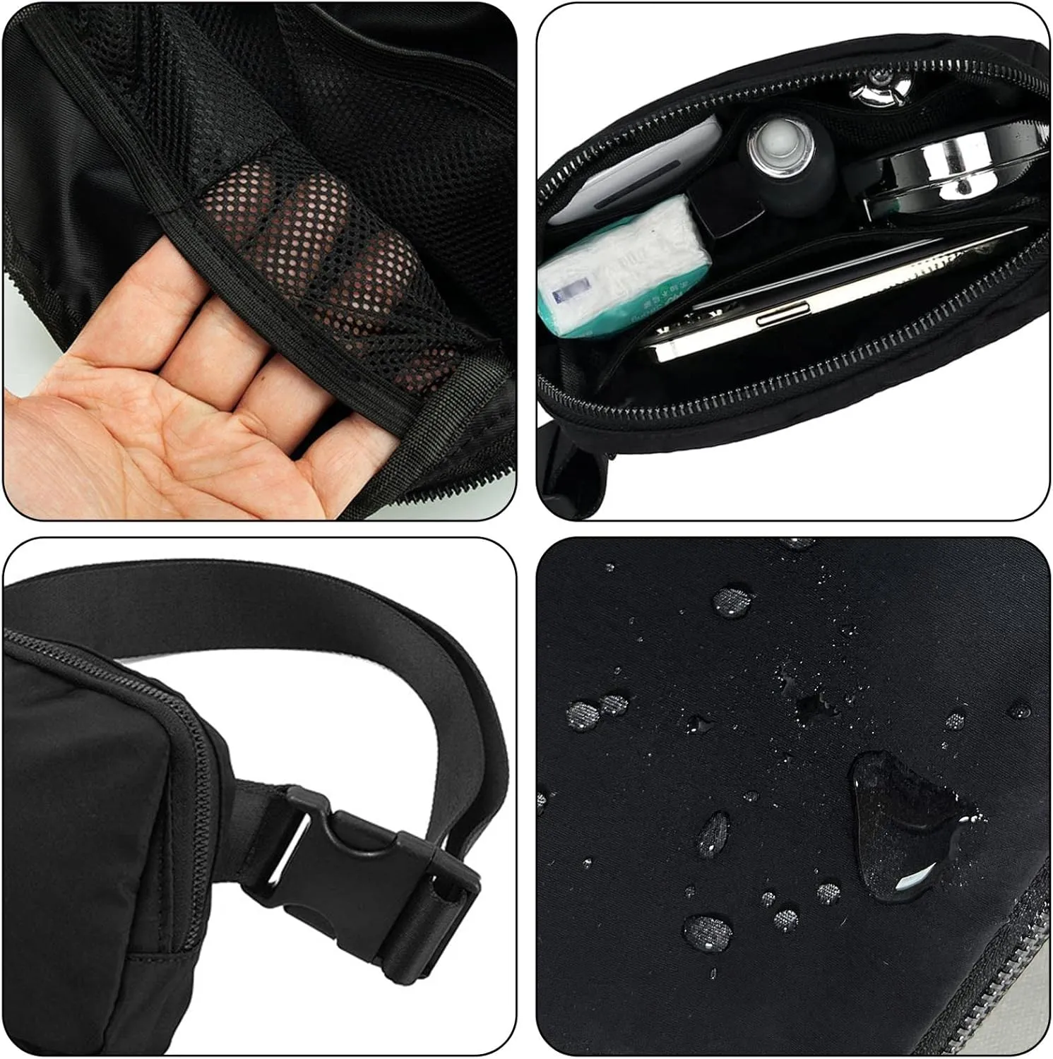 Amazerbst Belt Bag, Fanny Pack, Everywhere Belt Bag,40 Inch Adjustable Strap,Belt Bag for Women and Men,Waterproof, BLACK