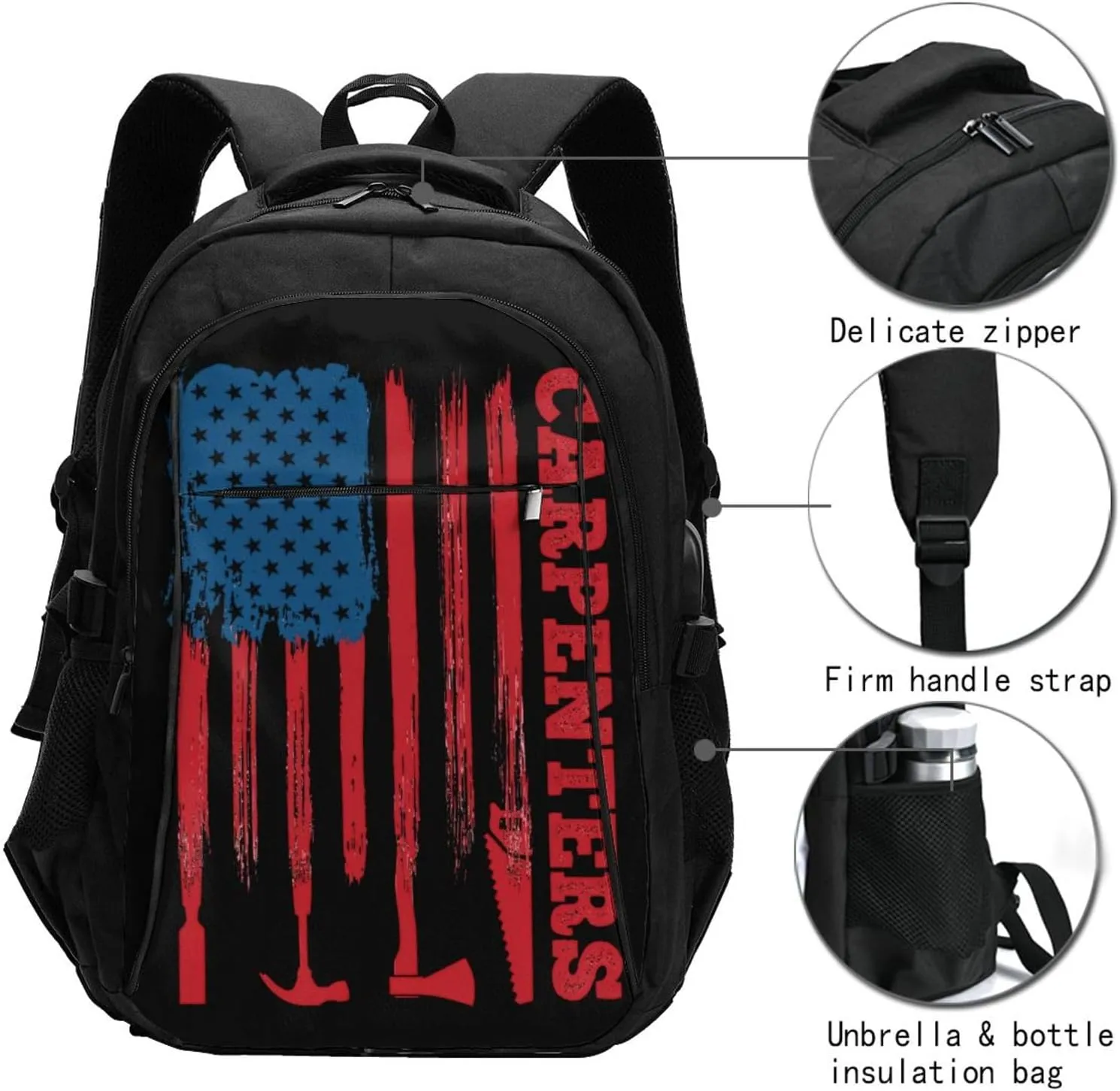 American Carpenter Flag Travel Backpack Laptop Backpacks Business Rucksack Outdoor Daypack Large Sport Bag with Luggage Strap USB Charging Port for Hiking Working