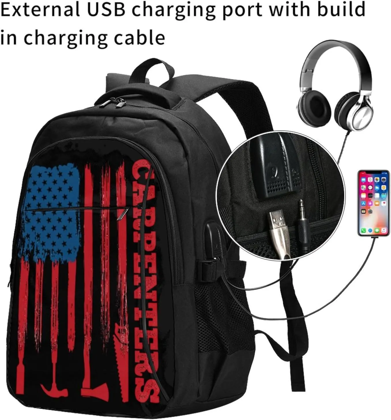 American Carpenter Flag Travel Backpack Laptop Backpacks Business Rucksack Outdoor Daypack Large Sport Bag with Luggage Strap USB Charging Port for Hiking Working