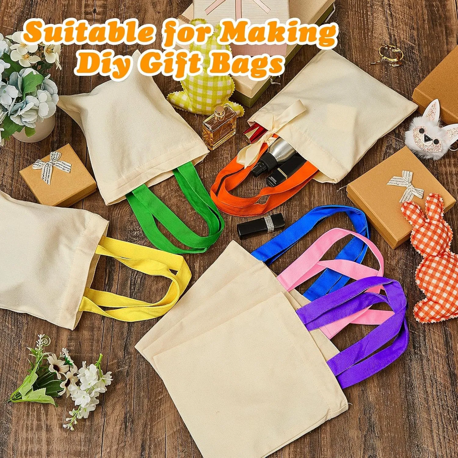 Amylove 24 Pcs Mini Tote Bag Sublimation Blank Canvas Tote Bags Reusable Grocery Luggage DIY Sack Goody for Party Even (10 x 10 Inch,Natural with Colorful Handle)