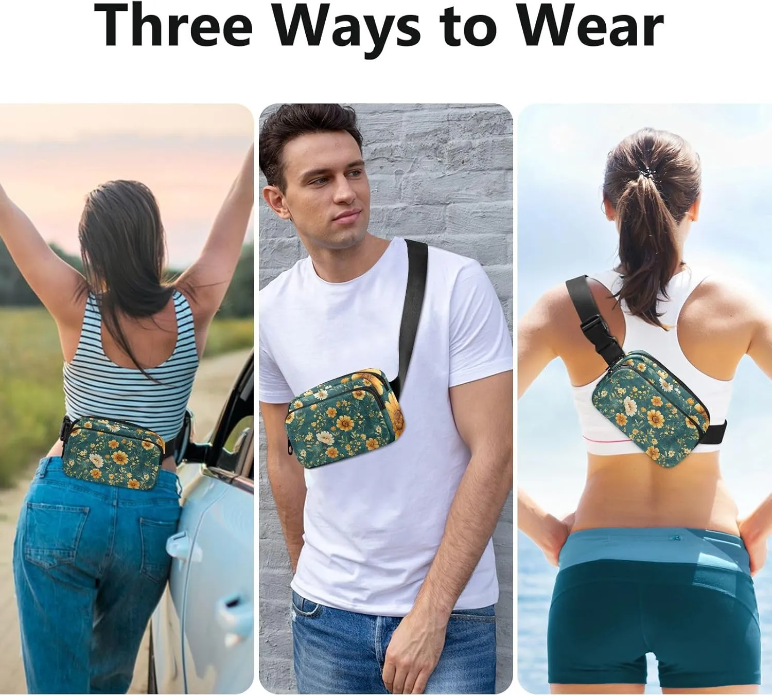 Autumn Flowers Sunflower Lily Rosemary Teal Stylish Crossbody Bag Waist Packs for Women Men Multipurpose Bum Bag Belt with Adjustable Strap for Travel Running Hiking