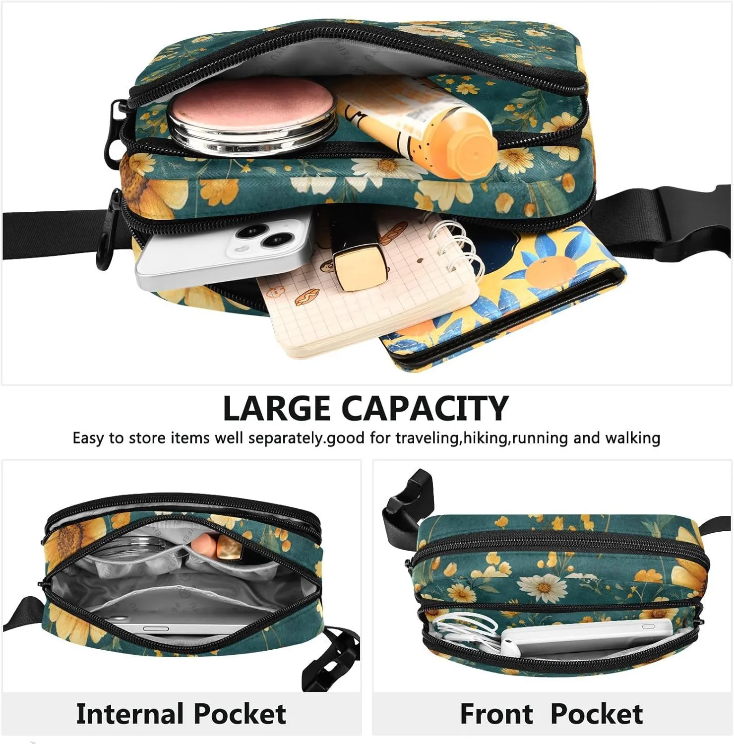 Autumn Flowers Sunflower Lily Rosemary Teal Stylish Crossbody Bag Waist Packs for Women Men Multipurpose Bum Bag Belt with Adjustable Strap for Travel Running Hiking