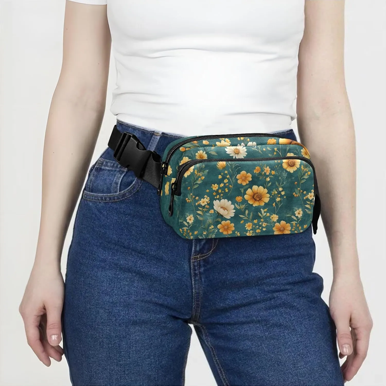 Autumn Flowers Sunflower Lily Rosemary Teal Stylish Crossbody Bag Waist Packs for Women Men Multipurpose Bum Bag Belt with Adjustable Strap for Travel Running Hiking