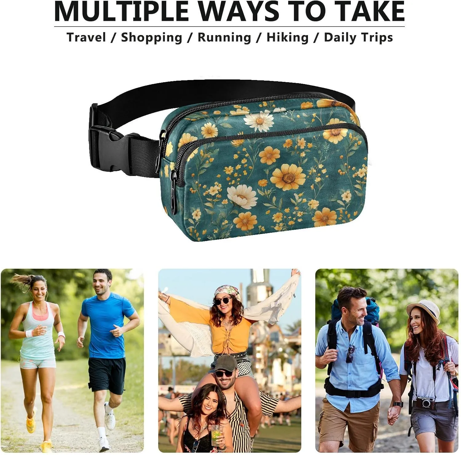 Autumn Flowers Sunflower Lily Rosemary Teal Stylish Crossbody Bag Waist Packs for Women Men Multipurpose Bum Bag Belt with Adjustable Strap for Travel Running Hiking