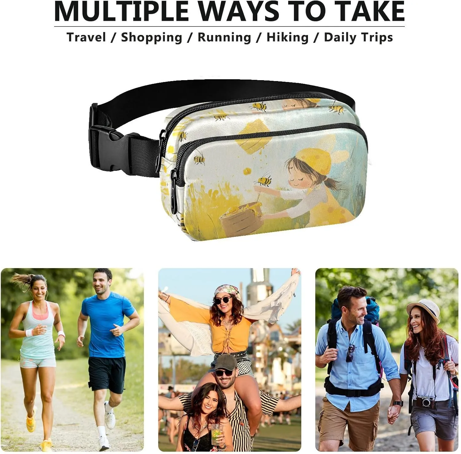Bee Collecting Honey Meadow Fashion Crossbody Bag Waist Packs for Women Men Mini Running Belt Bag Waist Pack with Adjustable Strap for Cycling Hiking Gym