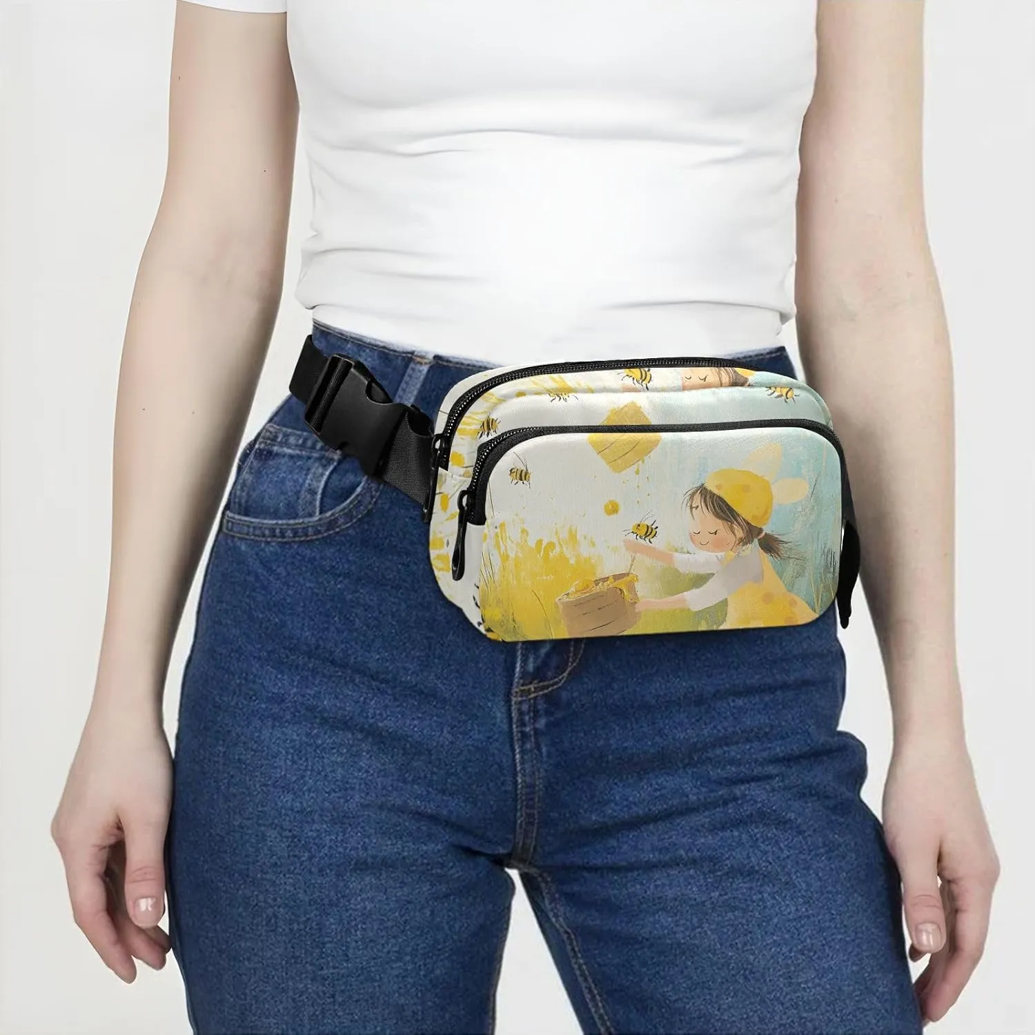 Bee Collecting Honey Meadow Fashion Crossbody Bag Waist Packs for Women Men Mini Running Belt Bag Waist Pack with Adjustable Strap for Cycling Hiking Gym