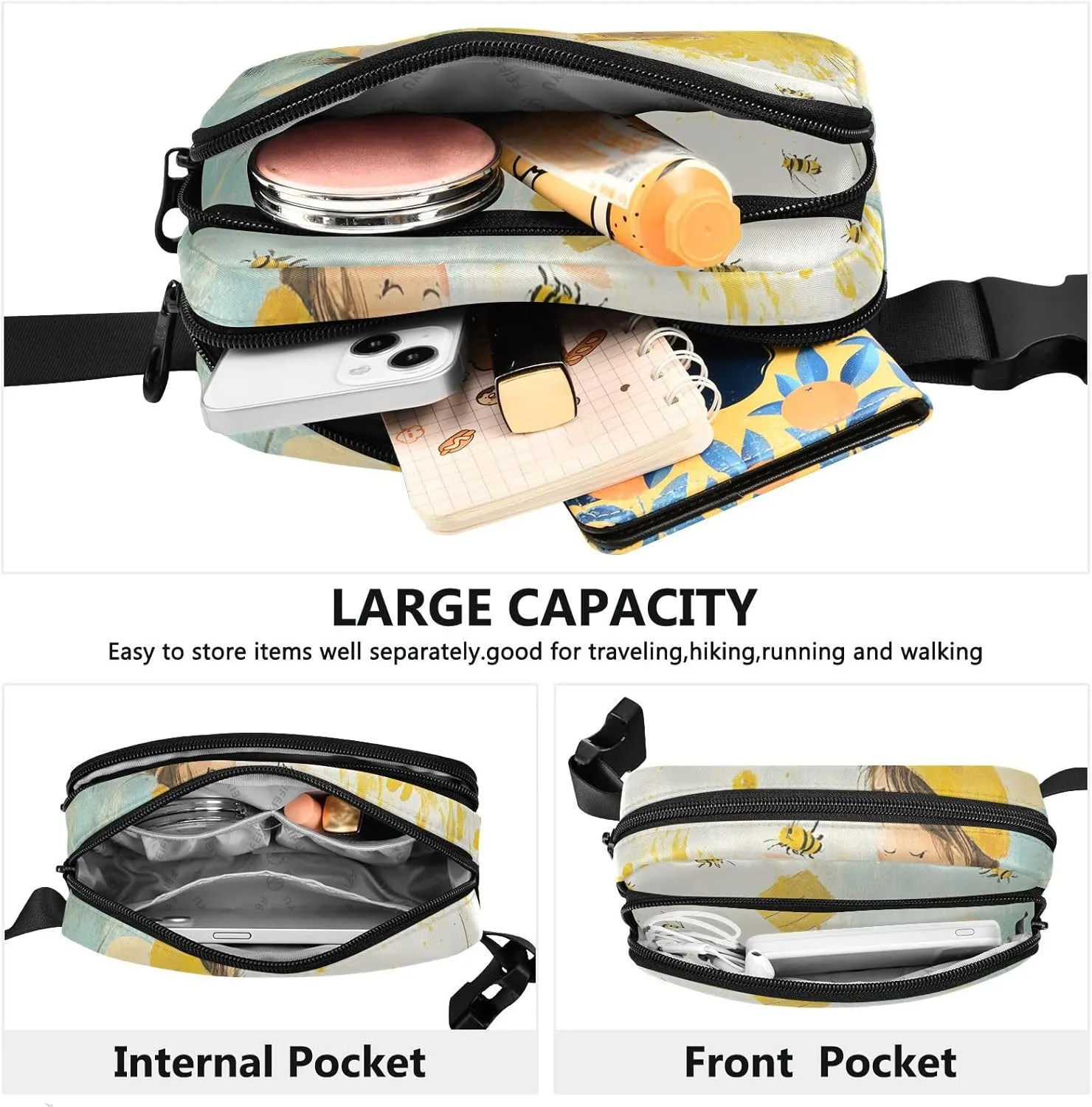 Bee Collecting Honey Meadow Fashion Crossbody Bag Waist Packs for Women Men Mini Running Belt Bag Waist Pack with Adjustable Strap for Cycling Hiking Gym