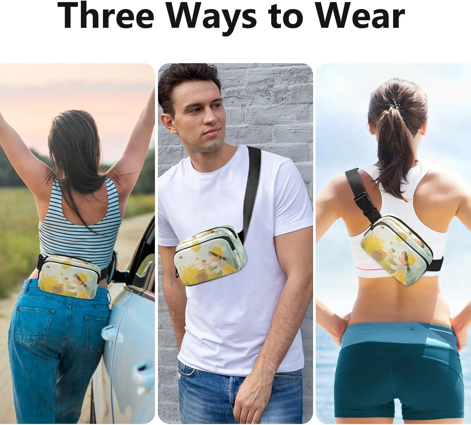 Bee Collecting Honey Meadow Fashion Crossbody Bag Waist Packs for Women Men Mini Running Belt Bag Waist Pack with Adjustable Strap for Cycling Hiking Gym