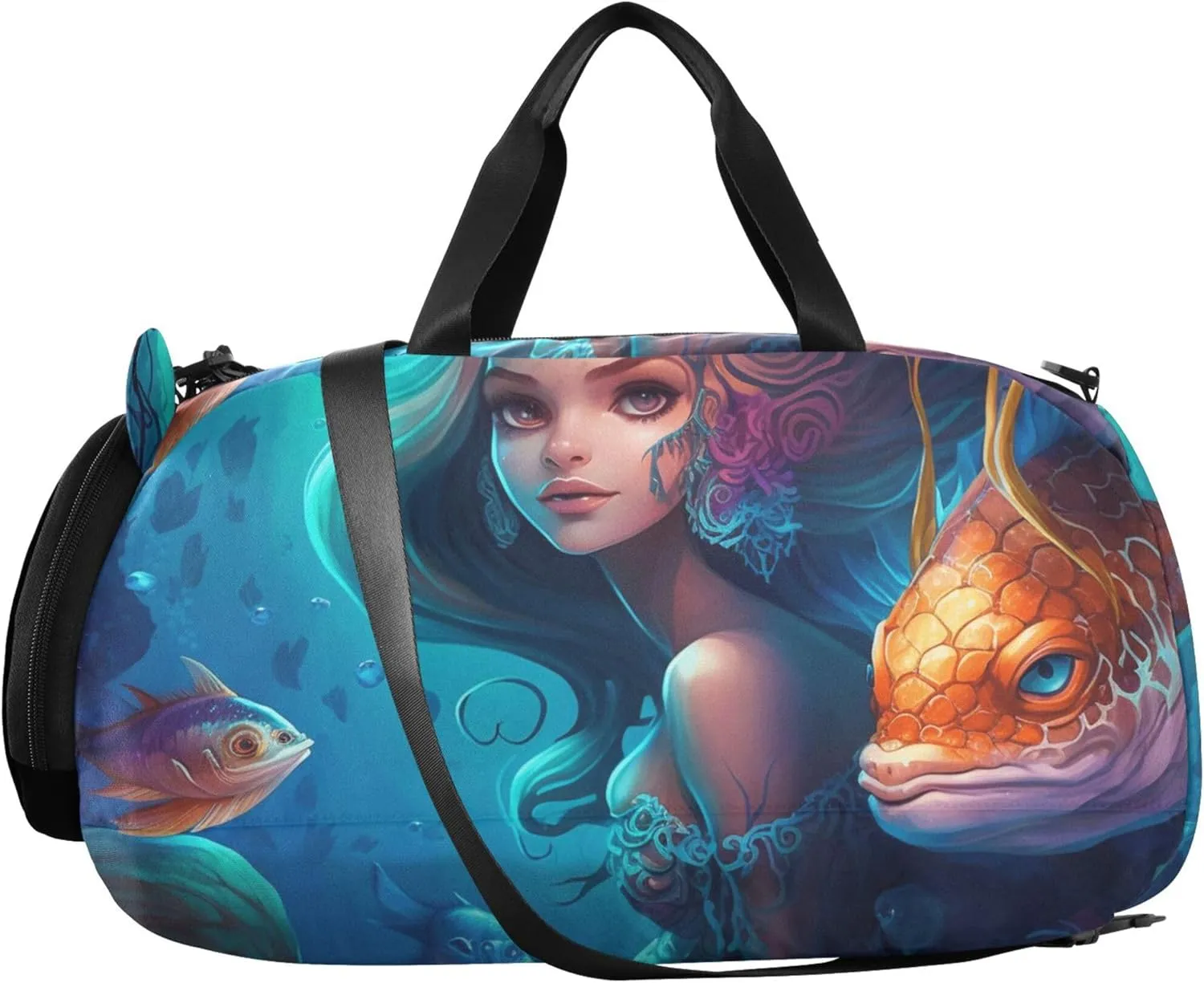 Boys Carry on Duffel Anime Mermaid and Fish Overnight Weekender Duffel Girls Duffle Bags Travel Tote with Shoulder Strap