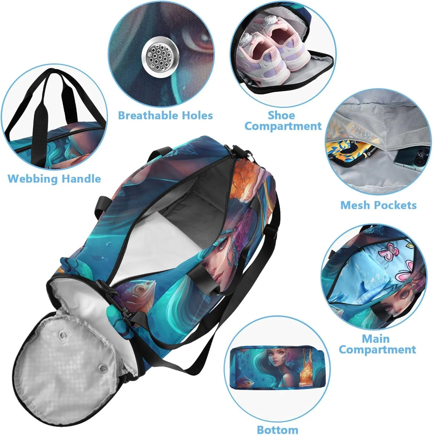 Boys Carry on Duffel Anime Mermaid and Fish Overnight Weekender Duffel Girls Duffle Bags Travel Tote with Shoulder Strap