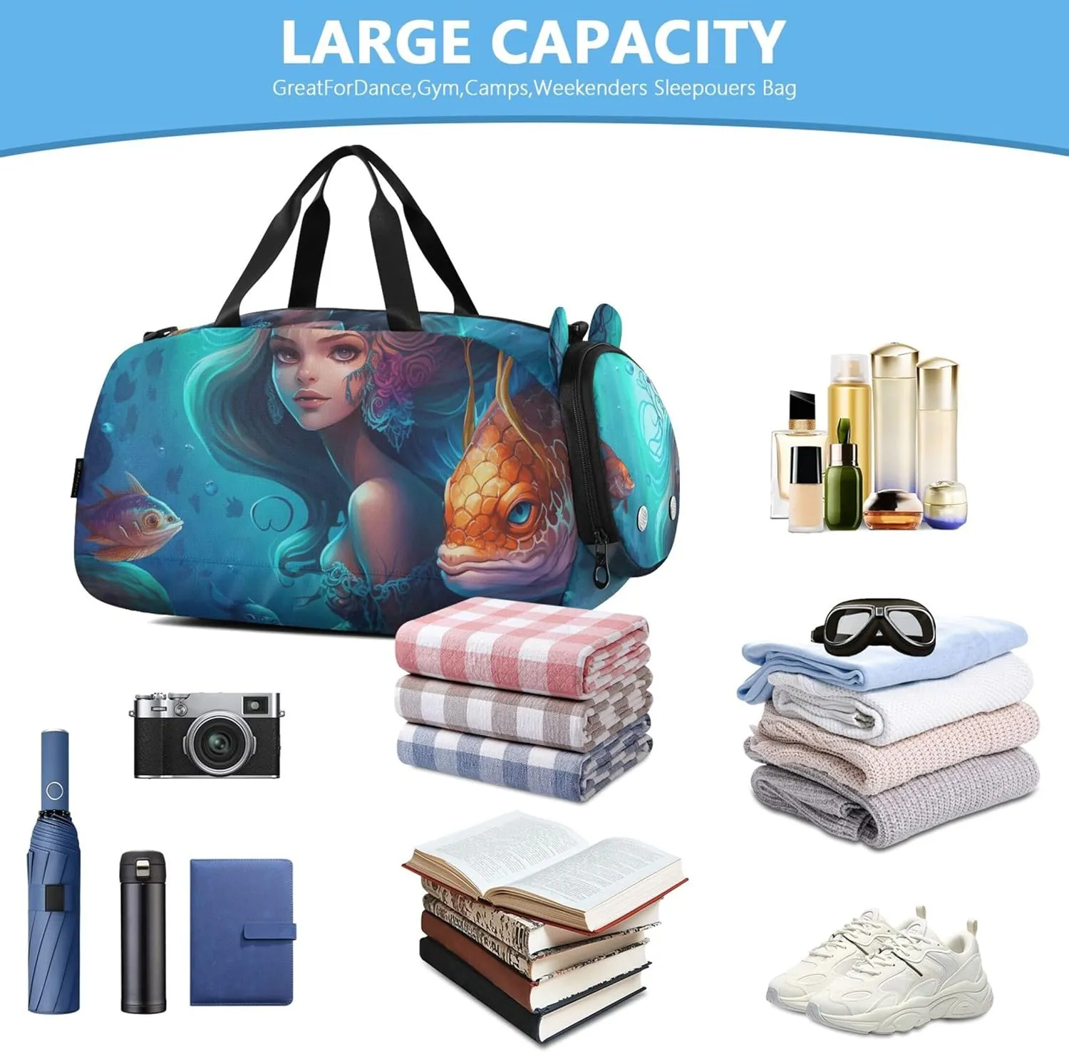 Boys Carry on Duffel Anime Mermaid and Fish Overnight Weekender Duffel Girls Duffle Bags Travel Tote with Shoulder Strap