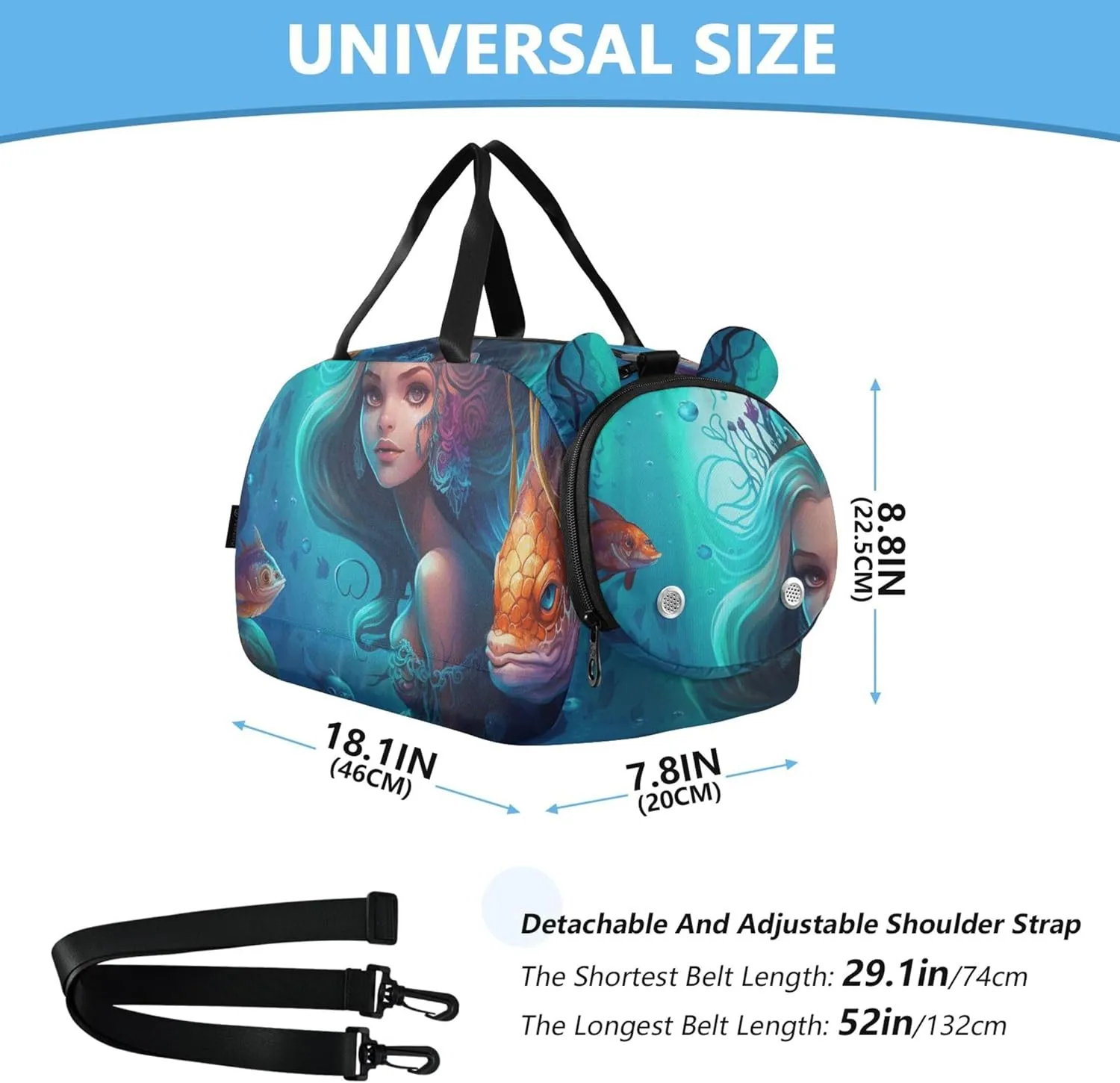 Boys Carry on Duffel Anime Mermaid and Fish Overnight Weekender Duffel Girls Duffle Bags Travel Tote with Shoulder Strap