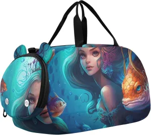 Boys Carry on Duffel Anime Mermaid and Fish Overnight Weekender Duffel Girls Duffle Bags Travel Tote with Shoulder Strap