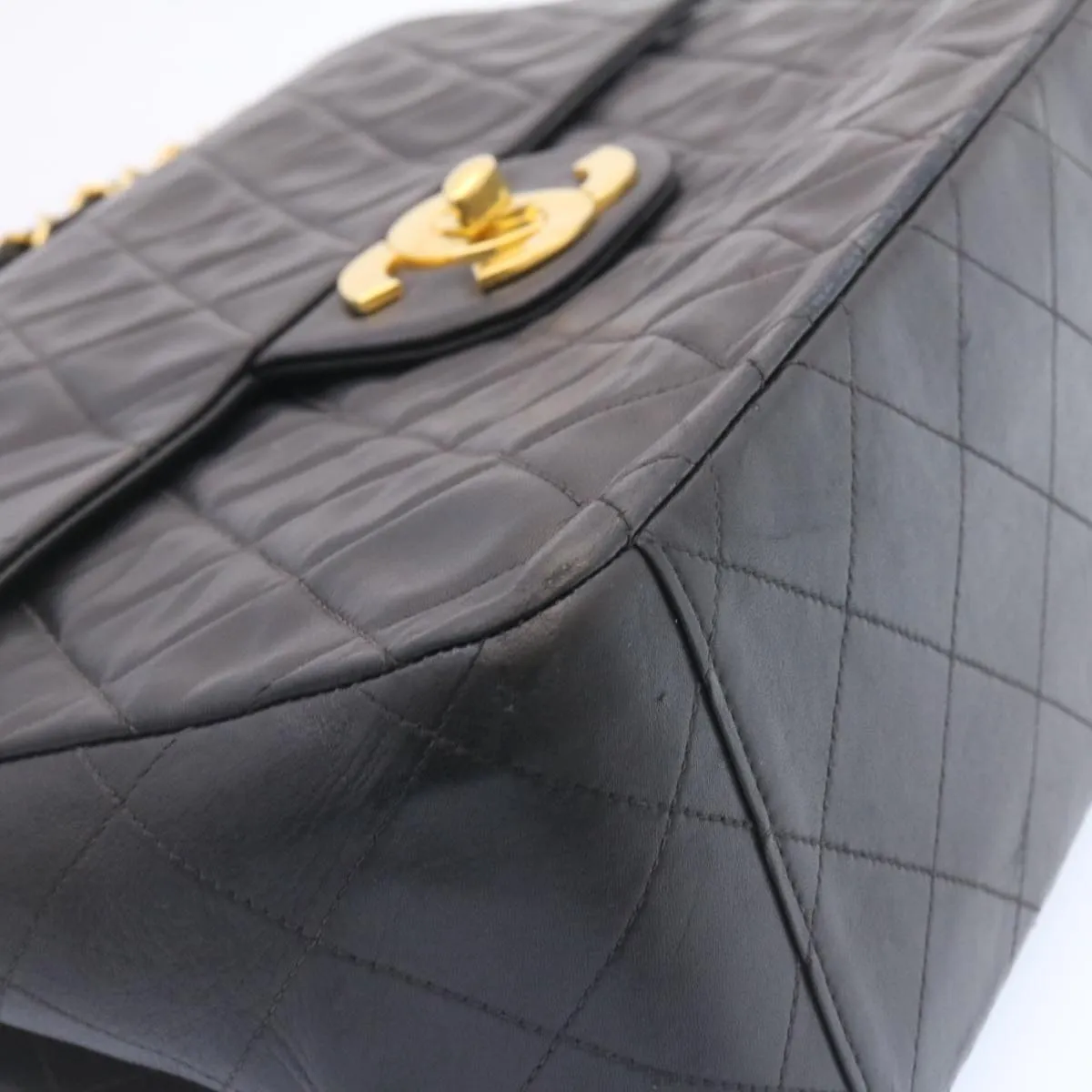 CHANEL Big Matelasse Flap Chain Shoulder Bag Lamb Skin Black Gold  am1276gA