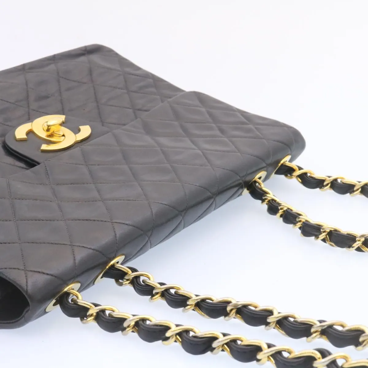 CHANEL Big Matelasse Flap Chain Shoulder Bag Lamb Skin Black Gold  am1276gA