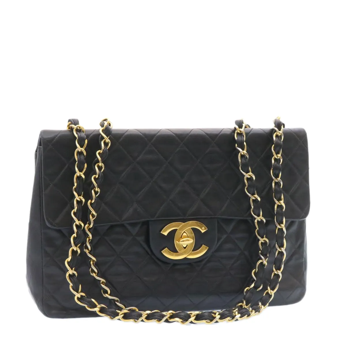 CHANEL Big Matelasse Flap Chain Shoulder Bag Lamb Skin Black Gold  am1276gA