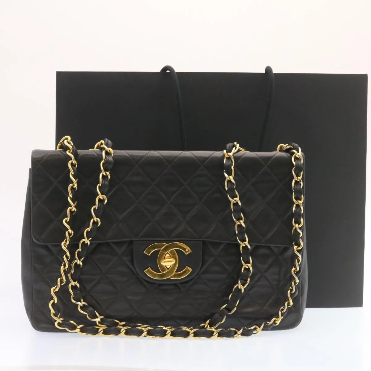CHANEL Big Matelasse Flap Chain Shoulder Bag Lamb Skin Black Gold  am1276gA
