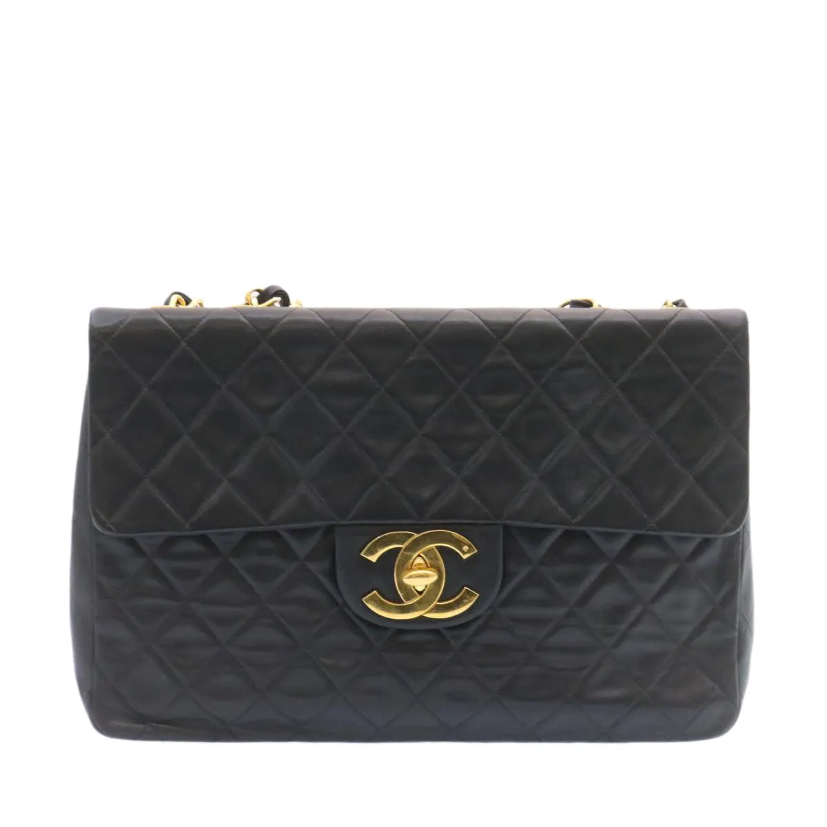 CHANEL Big Matelasse Flap Chain Shoulder Bag Lamb Skin Black Gold  am1276gA