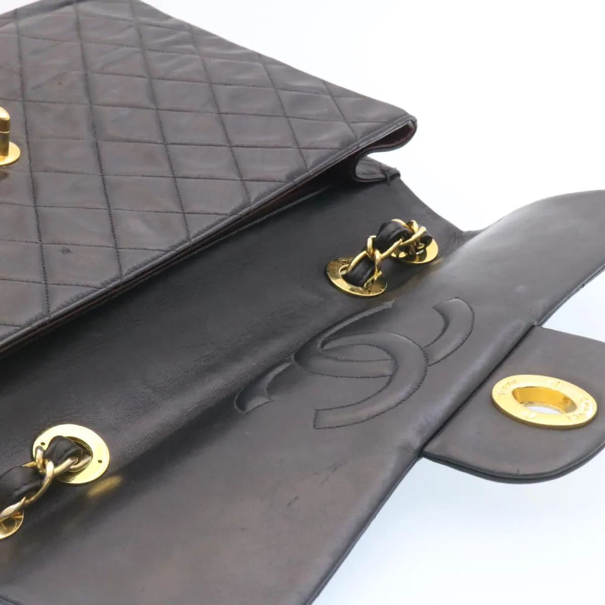 CHANEL Big Matelasse Flap Chain Shoulder Bag Lamb Skin Black Gold  am1276gA