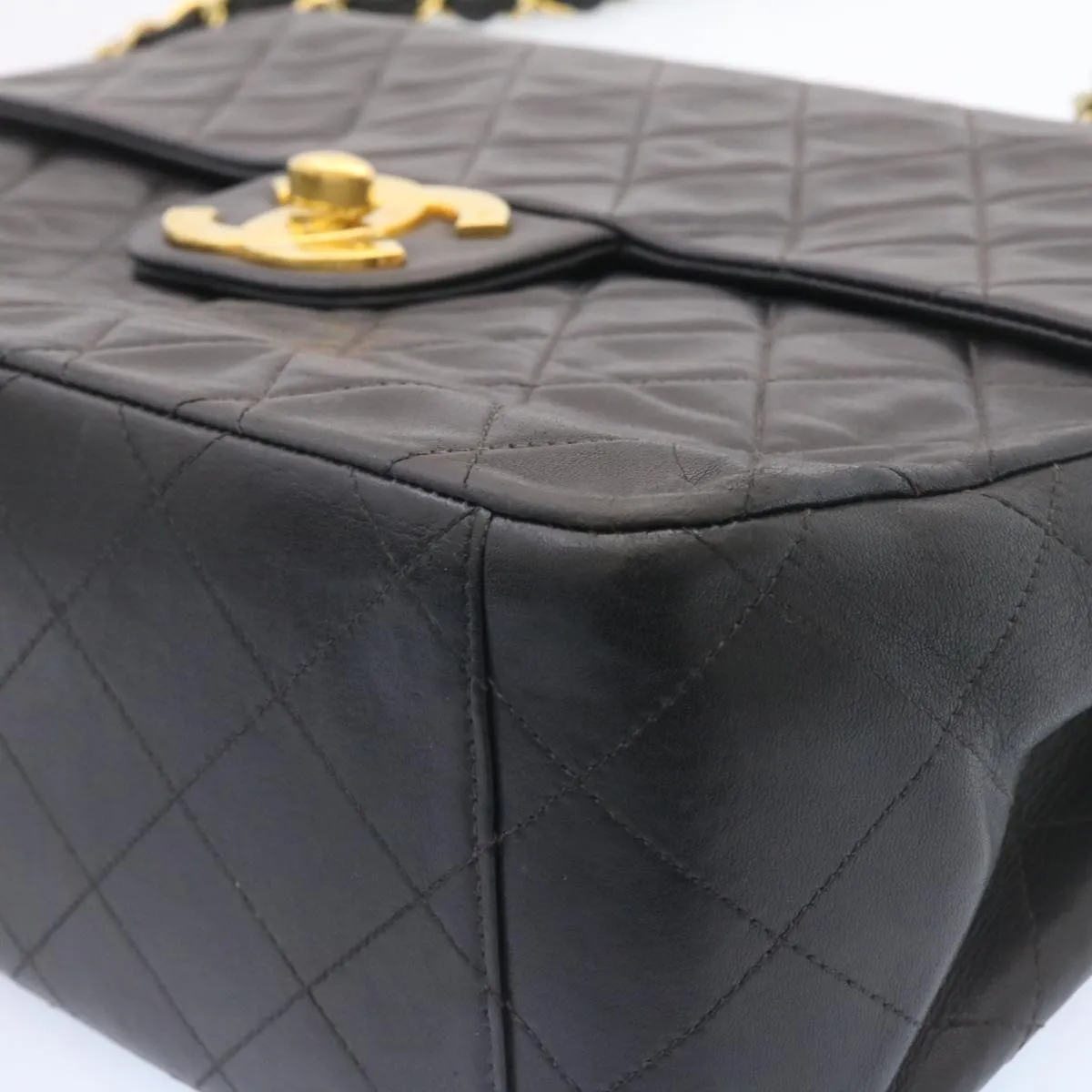 CHANEL Big Matelasse Flap Chain Shoulder Bag Lamb Skin Black Gold  am1276gA