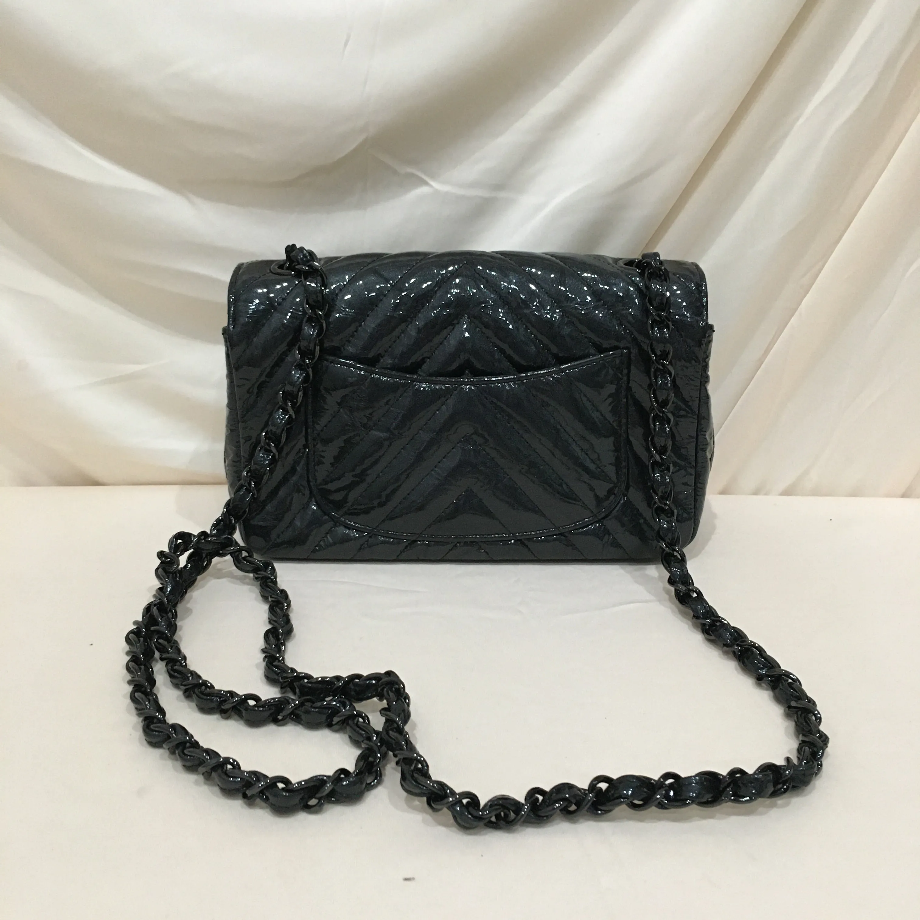 Chanel Black Chevron Patent Black Hardware Single New Shoulder Bag Sku# 75886