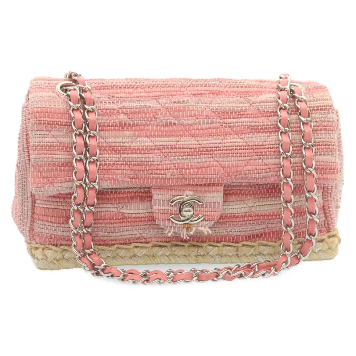 Chanel Chain Flap Shoulder Bag Turn Lock Canvas Pink CC Auth bs334A