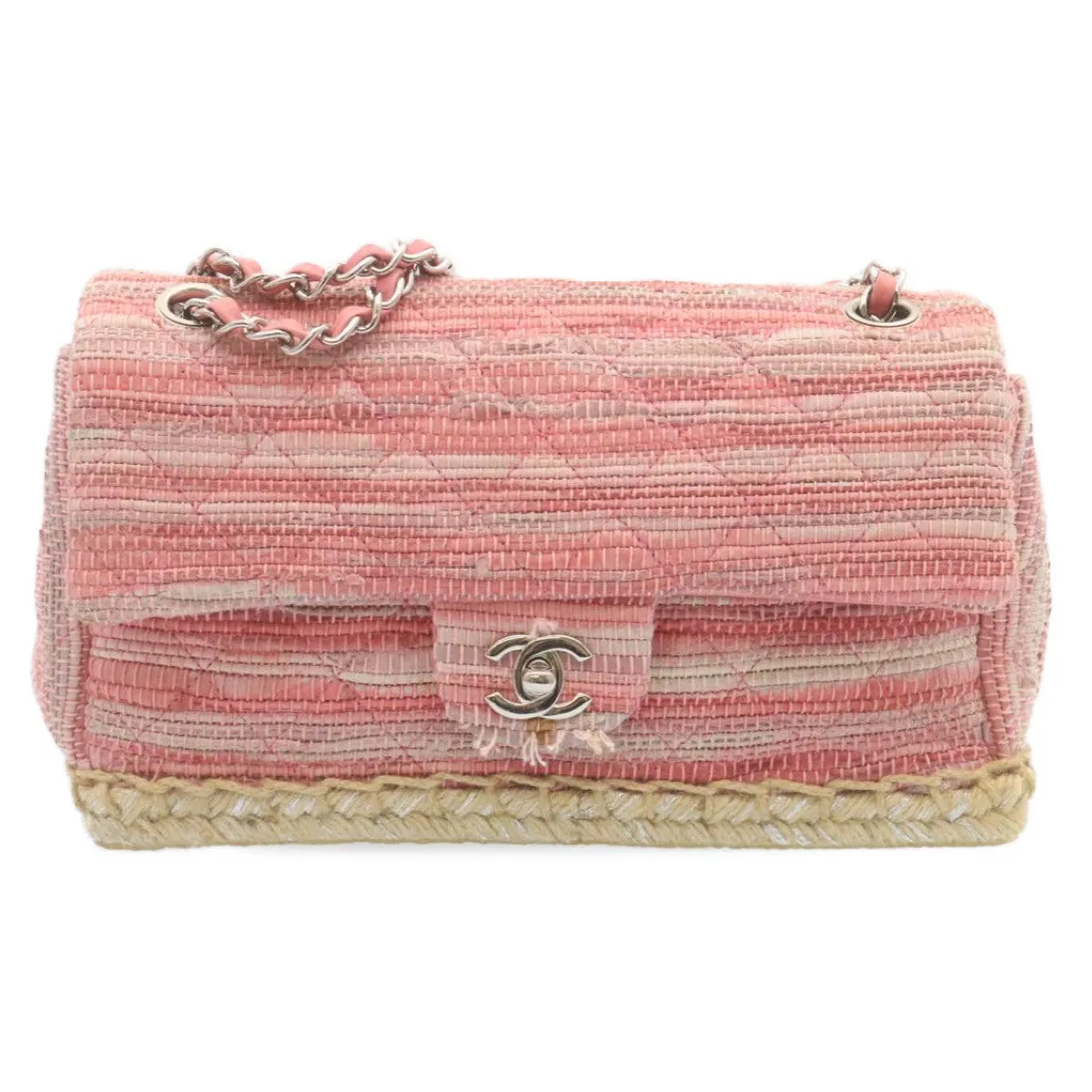 Chanel Chain Flap Shoulder Bag Turn Lock Canvas Pink CC Auth bs334A