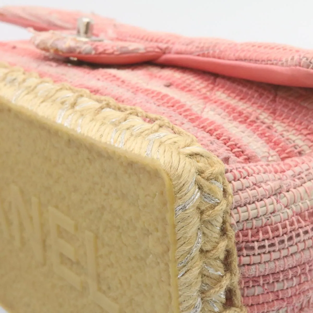 Chanel Chain Flap Shoulder Bag Turn Lock Canvas Pink CC Auth bs334A