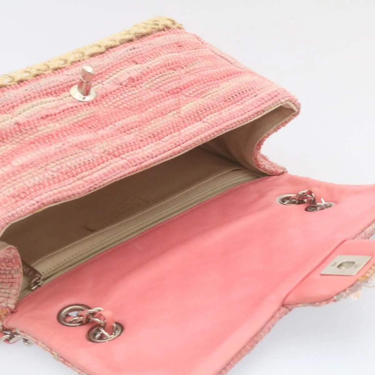 Chanel Chain Flap Shoulder Bag Turn Lock Canvas Pink CC Auth bs334A