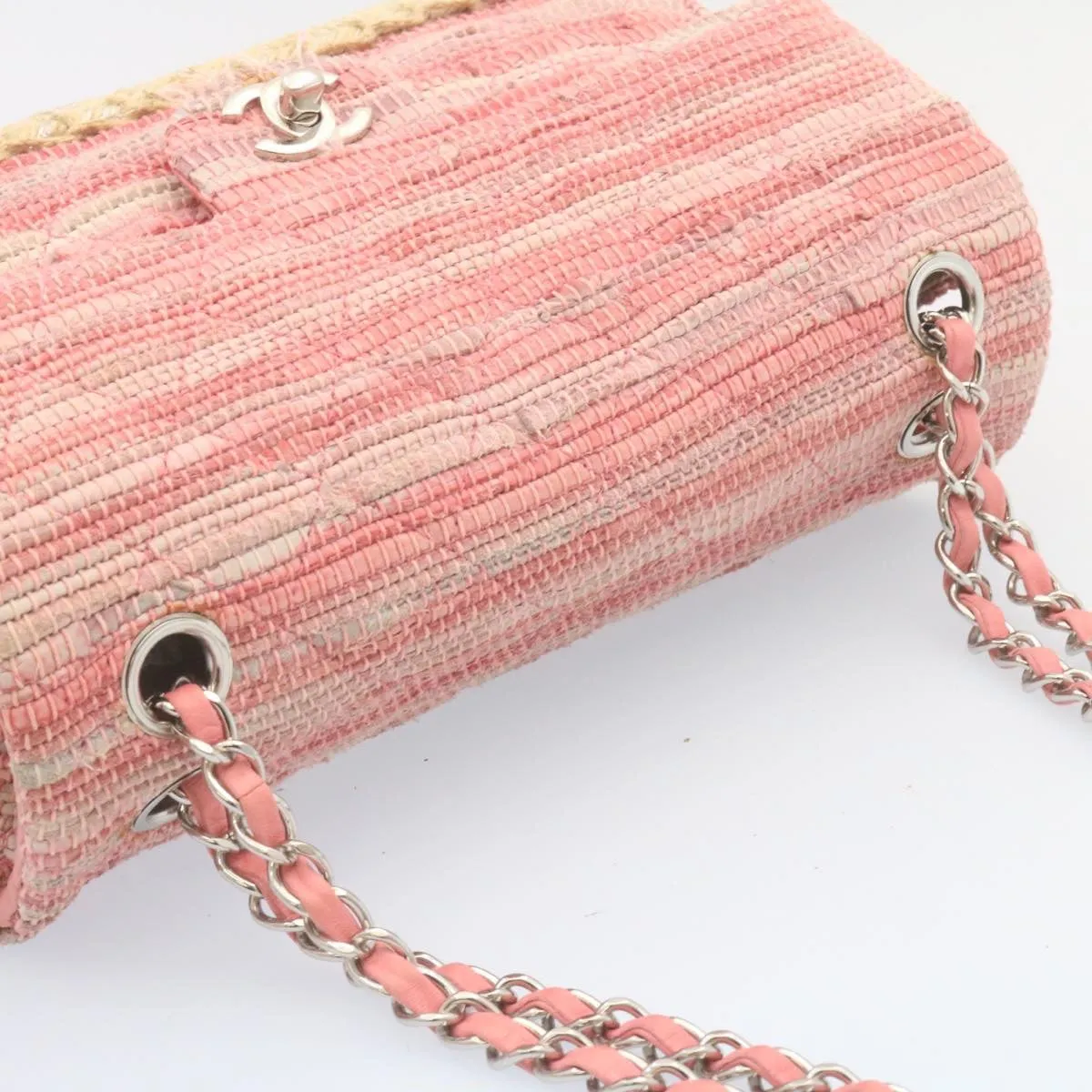 Chanel Chain Flap Shoulder Bag Turn Lock Canvas Pink CC Auth bs334A