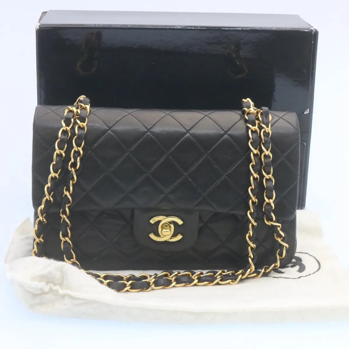 Chanel Classic Matelasse 23 Chain Flap Shoulder Bag Lamb Skin Black Auth 29002A