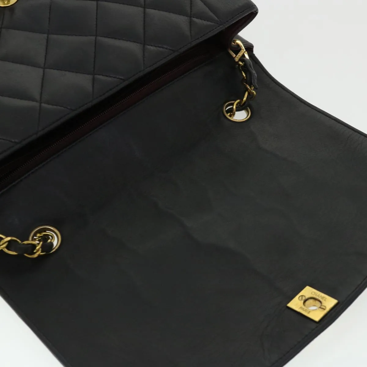Chanel Diana Matelasse Chain Flap Shoulder Bag Lamb Skin Black Gold  25036A