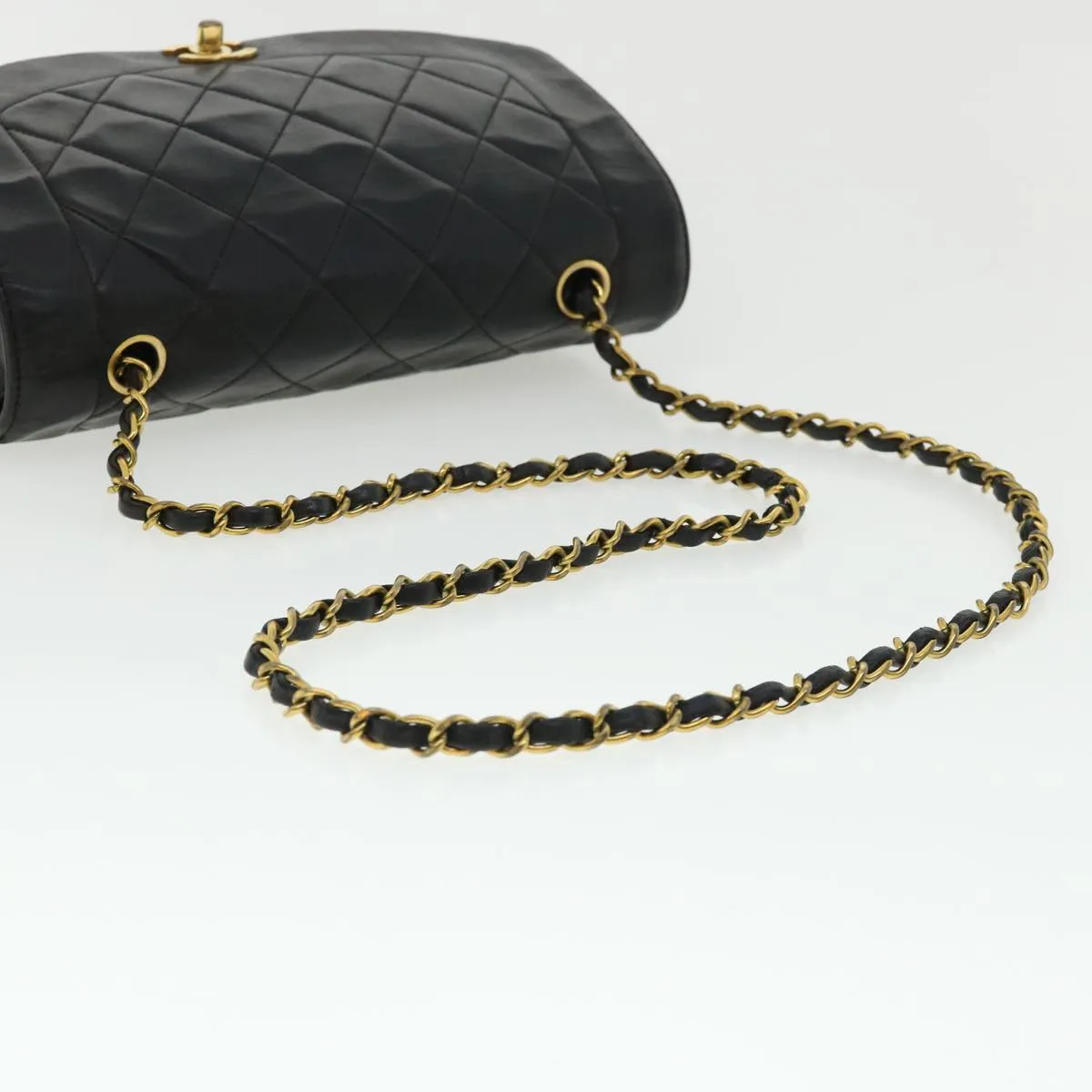 Chanel Diana Matelasse Chain Flap Shoulder Bag Lamb Skin Black Gold  25036A