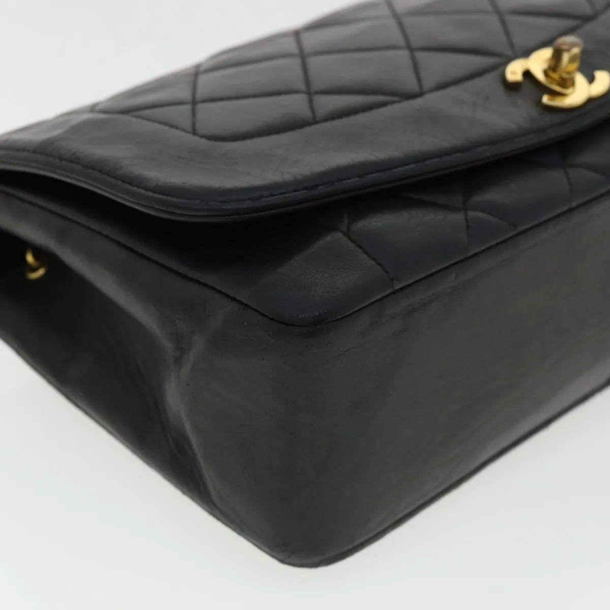 Chanel Diana Matelasse Chain Flap Shoulder Bag Lamb Skin Black Gold  25036A