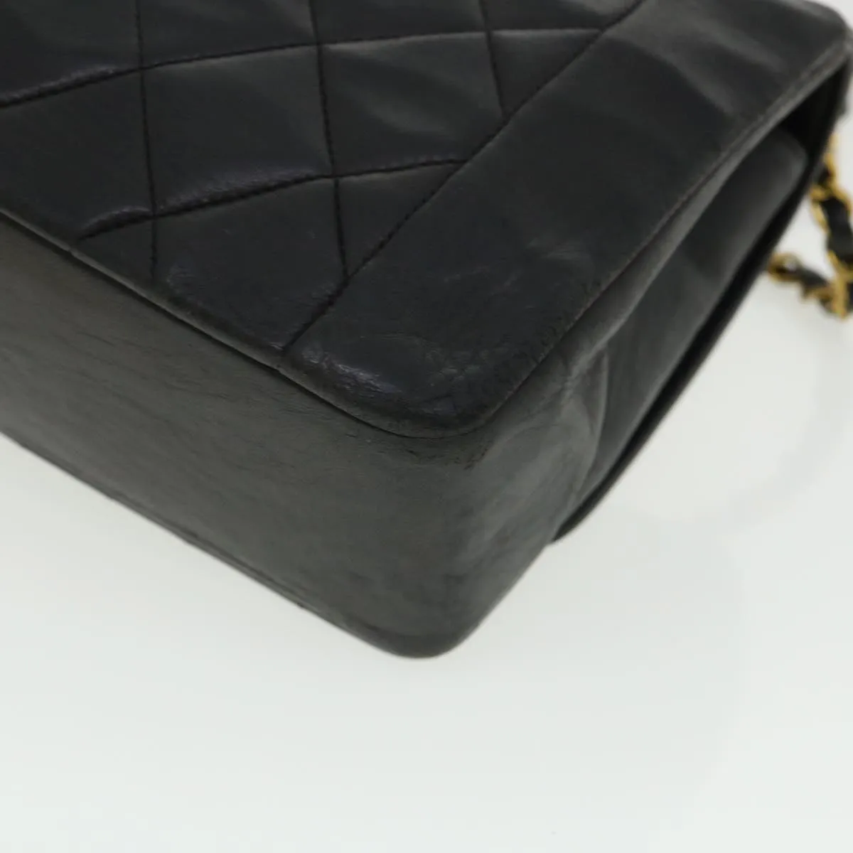 Chanel Diana Matelasse Chain Flap Shoulder Bag Lamb Skin Black Gold  25036A