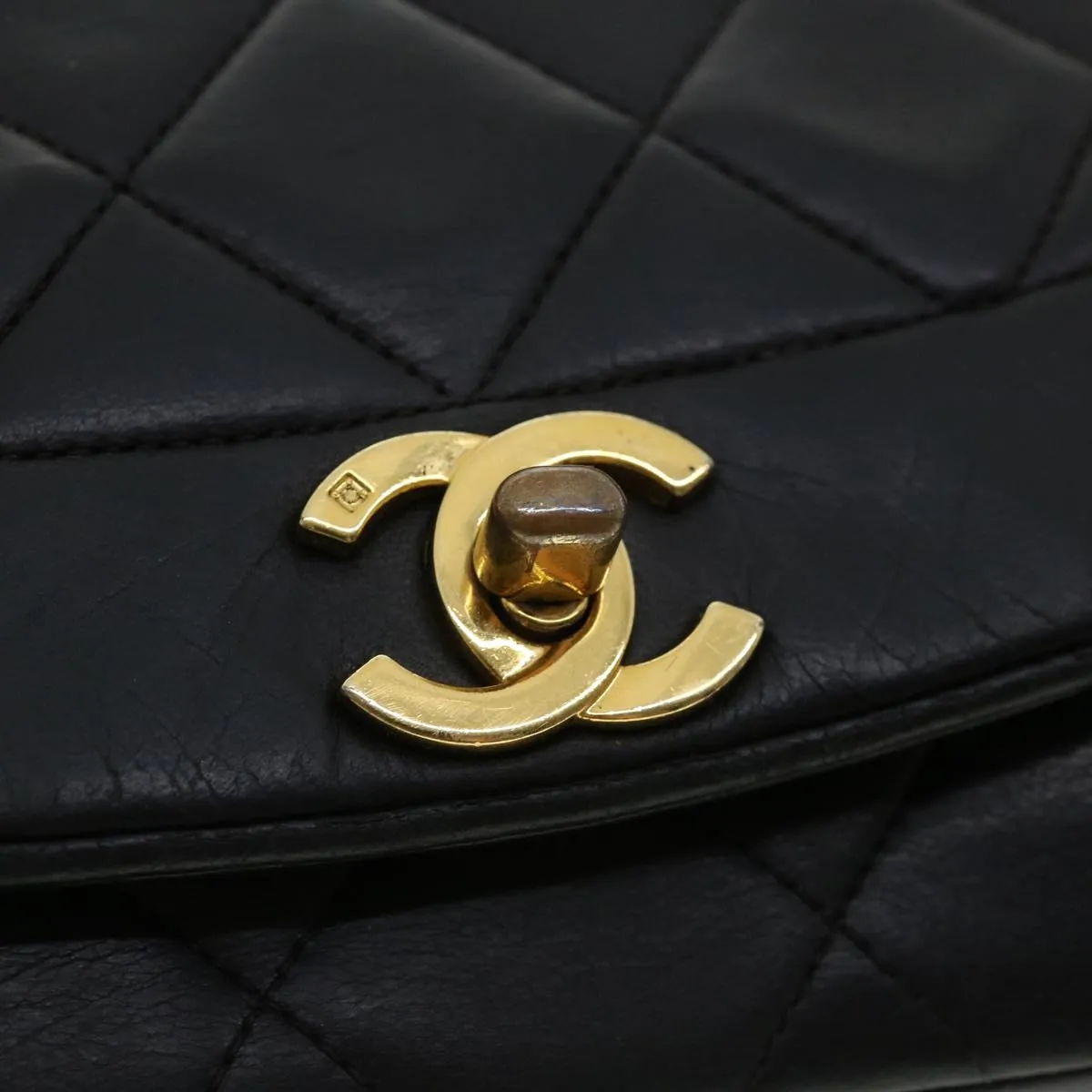 Chanel Diana Matelasse Chain Flap Shoulder Bag Lamb Skin Black Gold  25036A