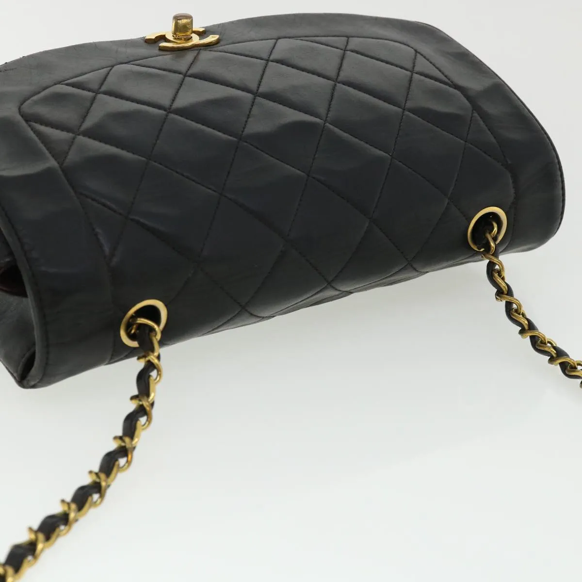 Chanel Diana Matelasse Chain Flap Shoulder Bag Lamb Skin Black Gold  25036A
