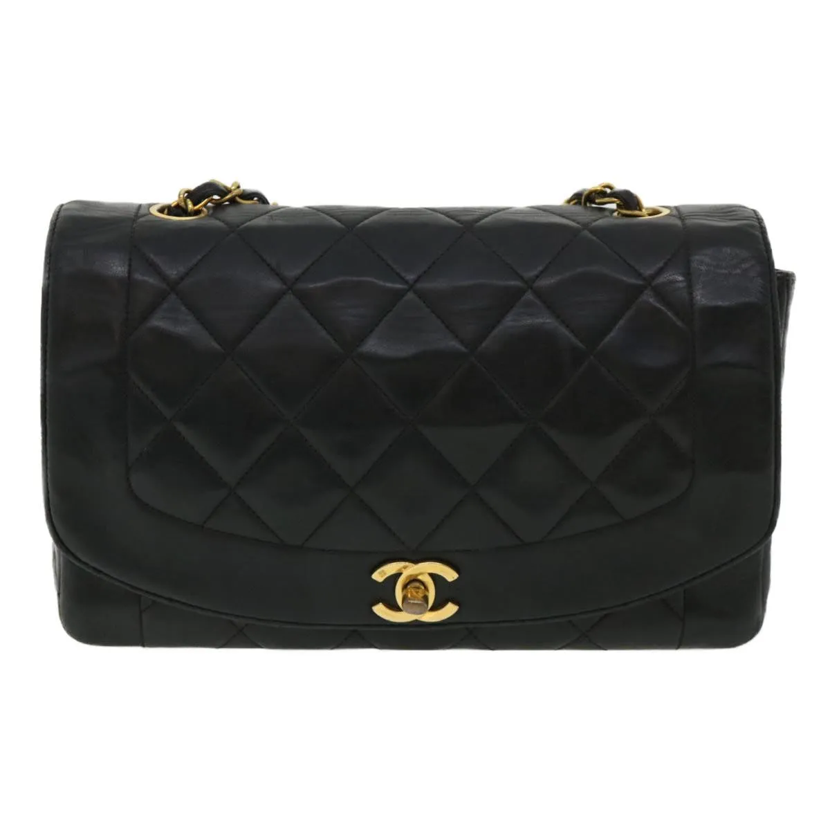 Chanel Diana Matelasse Chain Flap Shoulder Bag Lamb Skin Black Gold  25036A