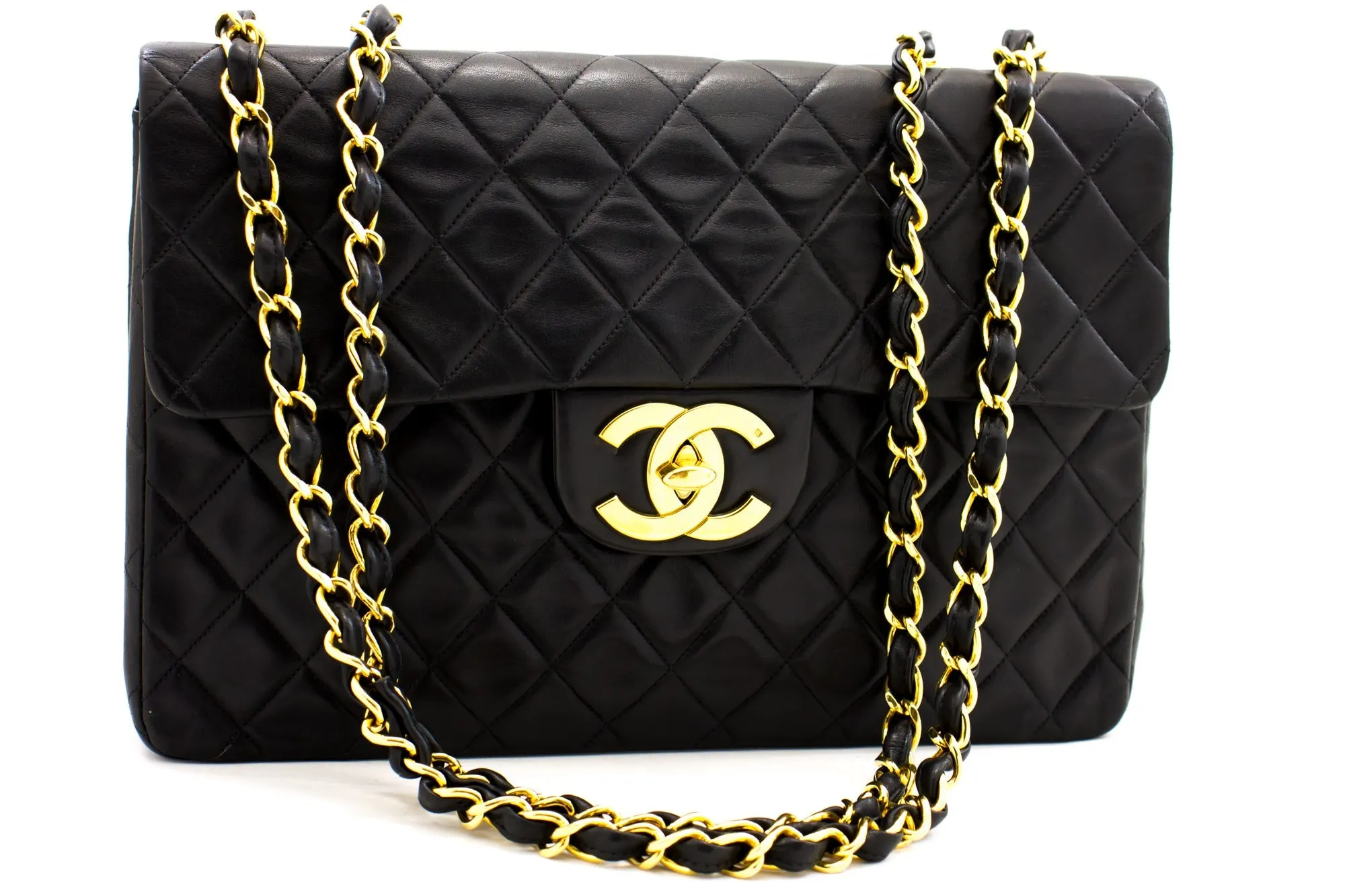 CHANEL Jumbo 13" Maxi 2.55 New Chain Shoulder Bag Black Lambskin