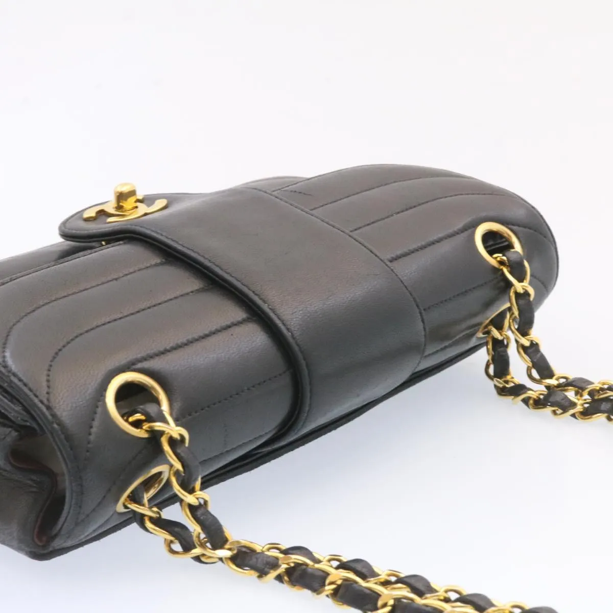 Chanel Lamb Skin Double Flap Chain Shoulder Bag Black CC  26207A