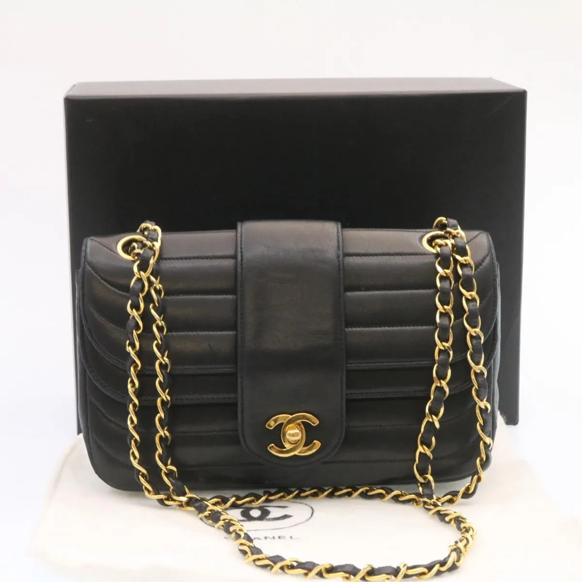 Chanel Lamb Skin Double Flap Chain Shoulder Bag Black CC  26207A