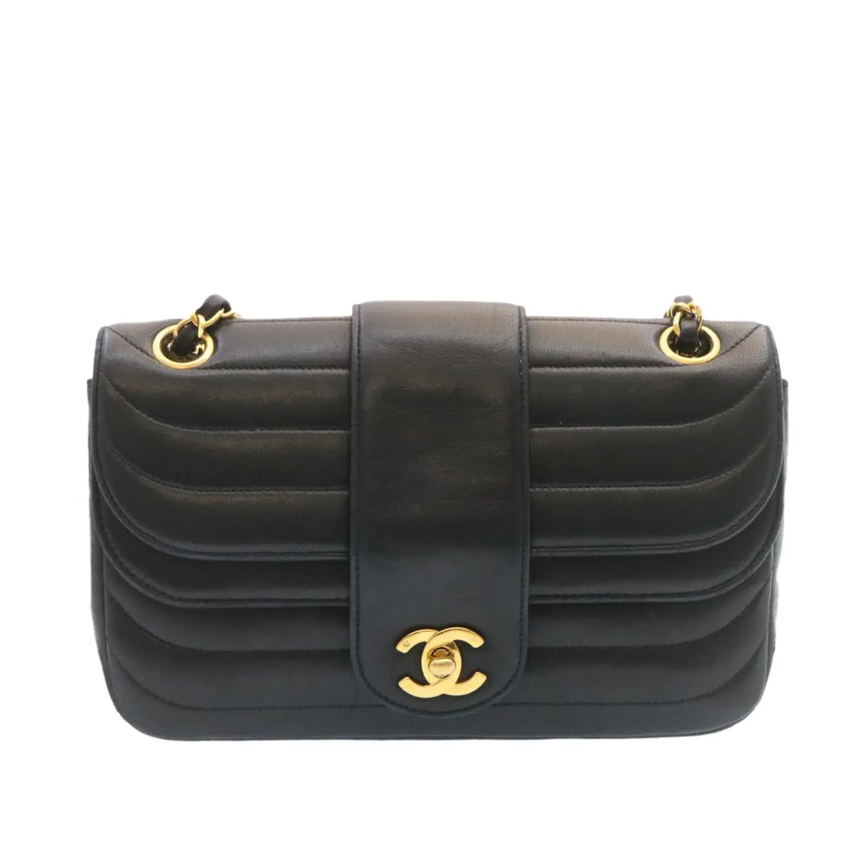 Chanel Lamb Skin Double Flap Chain Shoulder Bag Black CC  26207A