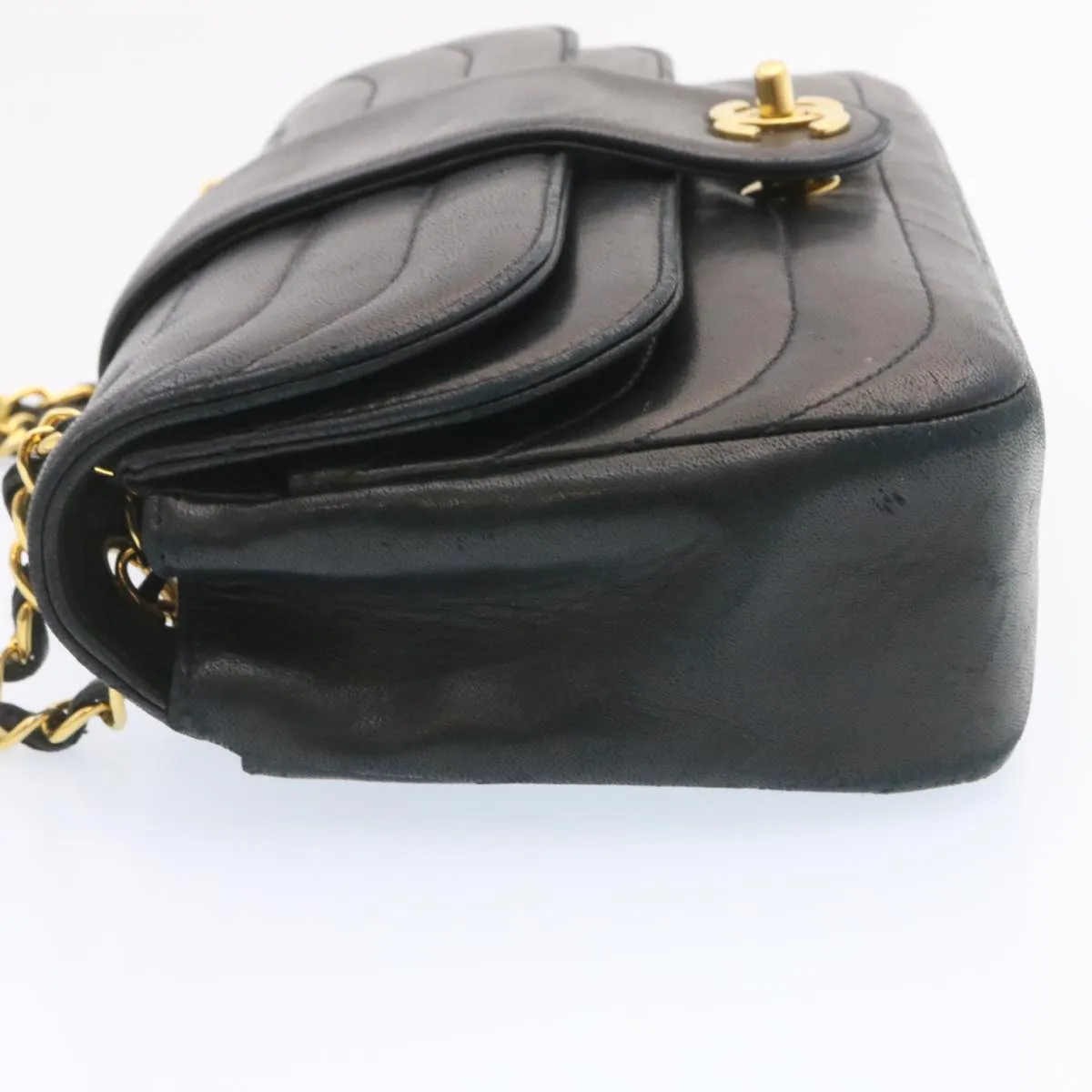 Chanel Lamb Skin Double Flap Chain Shoulder Bag Black CC  26207A