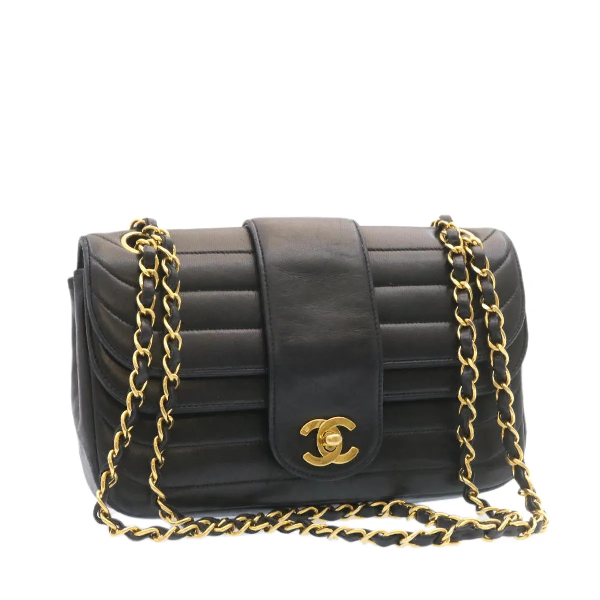 Chanel Lamb Skin Double Flap Chain Shoulder Bag Black CC  26207A
