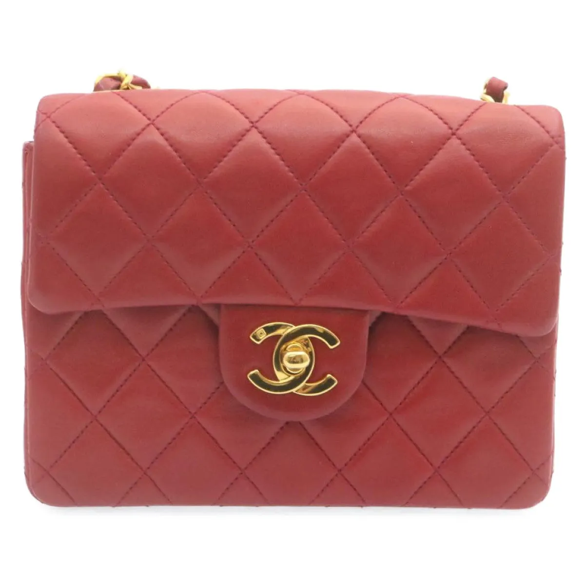 Chanel Matelasse Chain Flap Shoulder Bag Lamb Skin Turn Lock Red CC Auth 28661A
