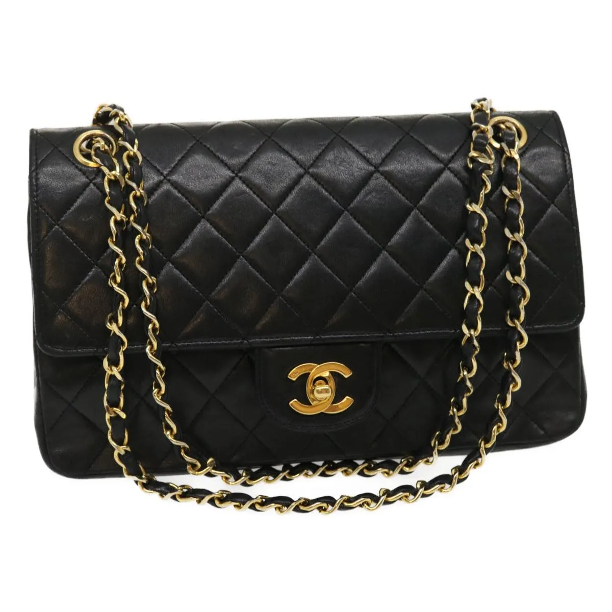 Chanel Matelasse25 Chain Double Flap Shoulder Bag Lamb Skin Black CC  lt425A